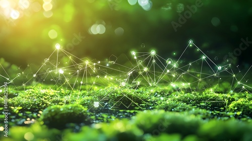 Visualizing the power of hydrogen energy with a futuristic design featuring glowing symbols floating in a lush green field  This digital showcases the clean