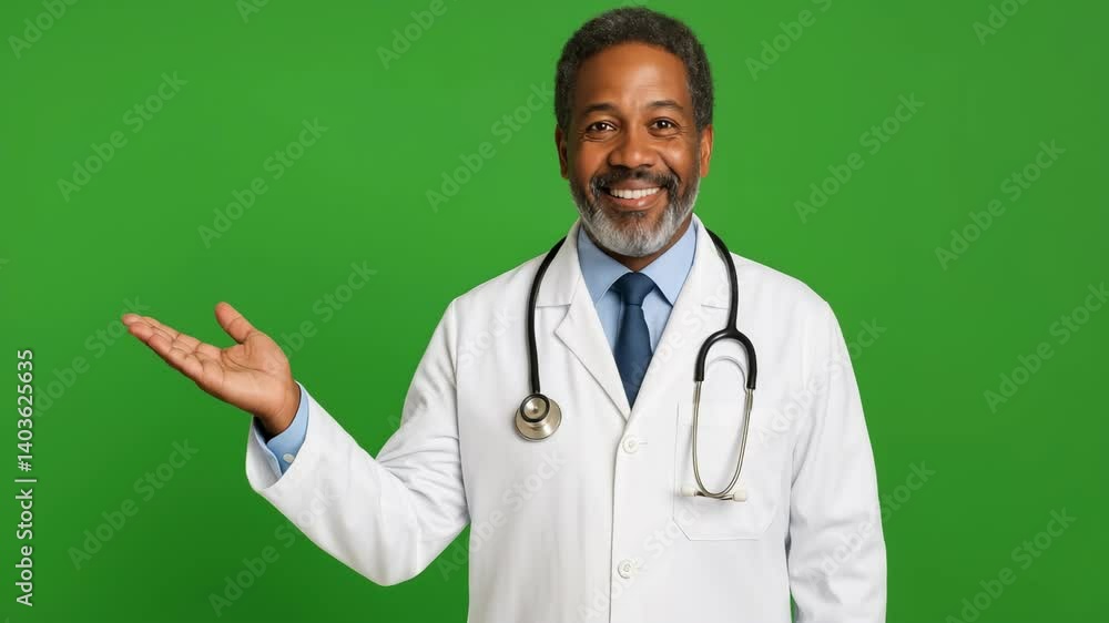 Smiling doctor gesturing and welcoming with open hand on green screen Smiling doctor gesturing and welcoming with open hand on green screen
