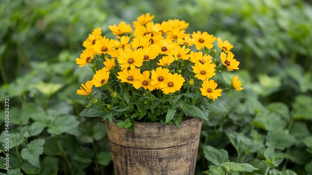 Vibrant yellow Coreopsis floral design arranged in a rustic wooden vase surrounded by soft green foliage perfect for a summer inspired home dcor aesthetic Vibrant yellow Coreopsis floral design arranged in a rustic wooden vase surrounded by soft green foliage perfect for a summer inspired home dcor aesthetic