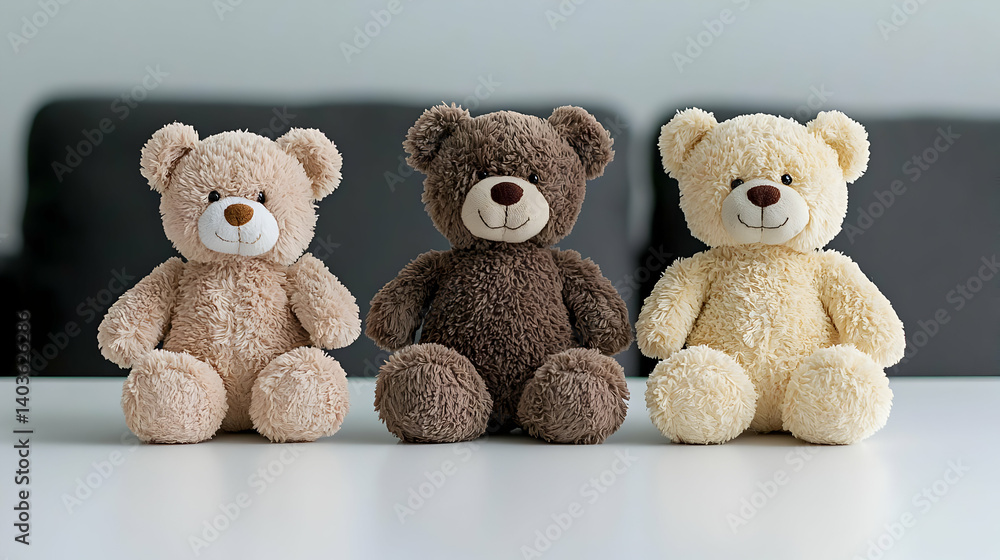 Obraz premium Three Teddy Bears In Different Colors On A White Table