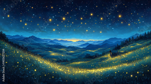 A luminous, starry night over a peaceful mountain valley.