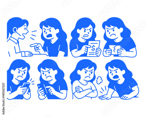 angry customer doodle cartoon drawing vector illustration set with Varied Poses and Expressions