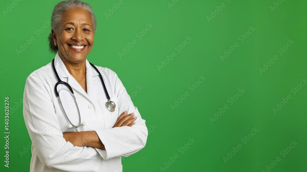Confident medical professional smiling in front of green screen in seamless transition Confident medical professional smiling in front of green screen in seamless transition