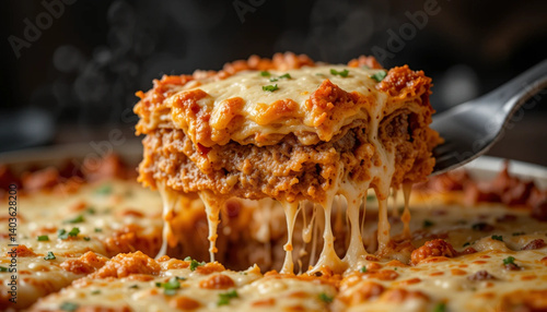 Lasagna Slice Being Served with a Spatula – Cheese bubbling on top of a thick lasagna slice, mid-motion as it’s lifted from the tray.