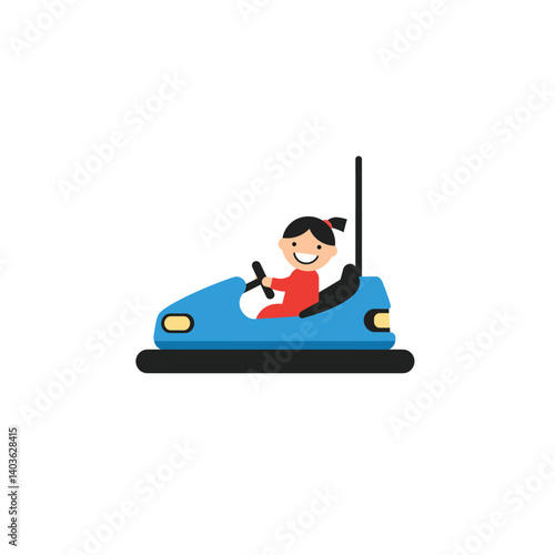 Girl enjoying a fun ride in a blue bumper car flat vector illustration