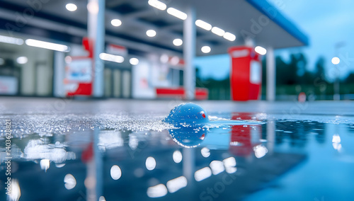 Wallpaper Mural Reflective Blue Ball on Wet Surface at Filling Station with Blurred Lights and Puddle with Night Cityscape in the Background Torontodigital.ca