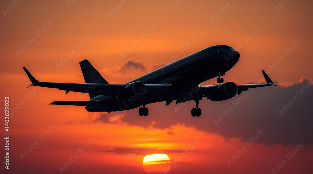 Modern Airplane Taking Off from Airport into Sunset Sky Generative AI Modern Airplane Taking Off from Airport into Sunset Sky Generative AI