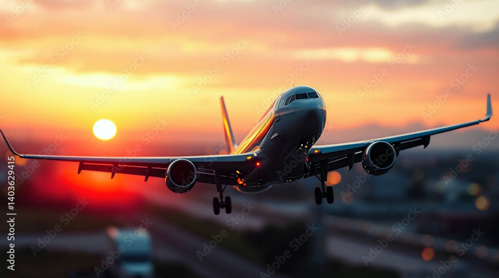 Modern Airplane Taking Off from Airport into Sunset Sky Generative AI Modern Airplane Taking Off from Airport into Sunset Sky Generative AI