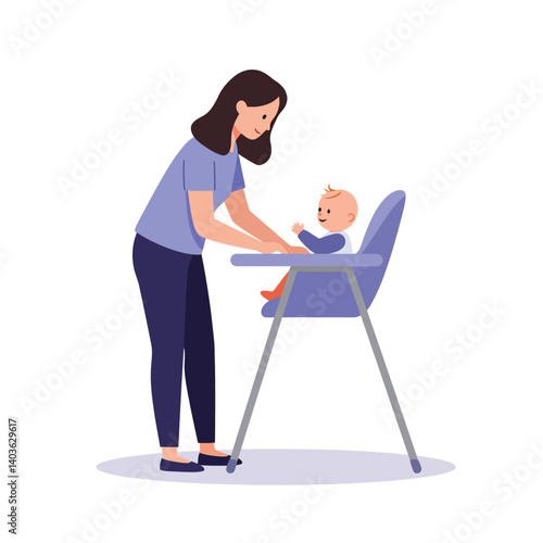 Woman preparing baby in high chair with flat vector art style illustration