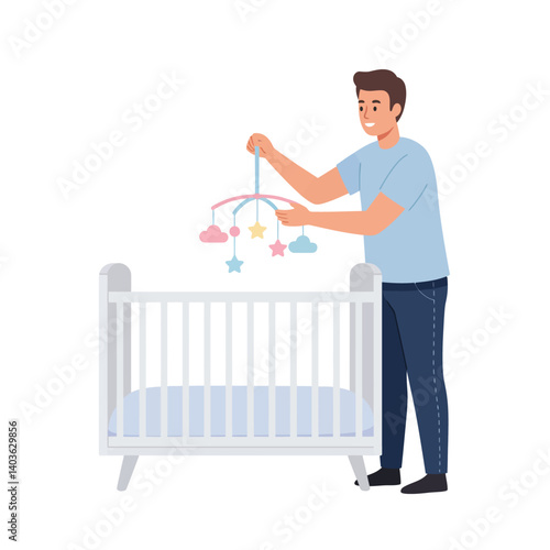 Father adjusting mobile above crib in flat and colorful vector art