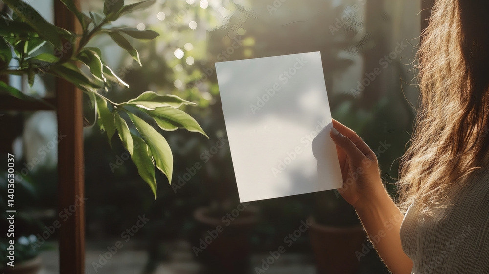 Woman holding blank paper, sunlight, plants, indoor garden, mockup