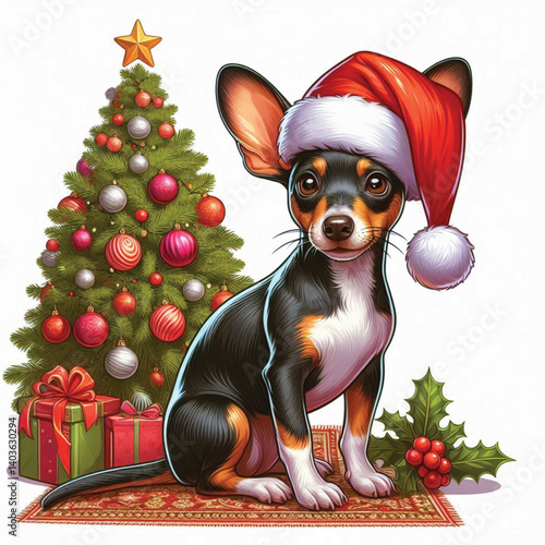 Christmas Rat Terrier Dog wearing santa claus hat Cartoon Vector Illustration isolated