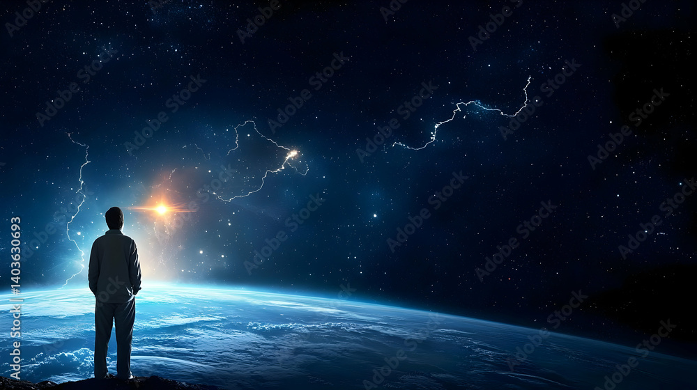 Fototapeta premium Silhouette Of A Person Standing On The Edge Of Planet Earth Looking At The Stars