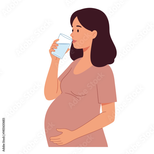Pregnant woman drinking water in flat vector illustration style