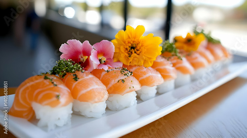 Salmon Sushi Topped with Delicate Flowers Displayed on White Plate in Restaurant Ambiance