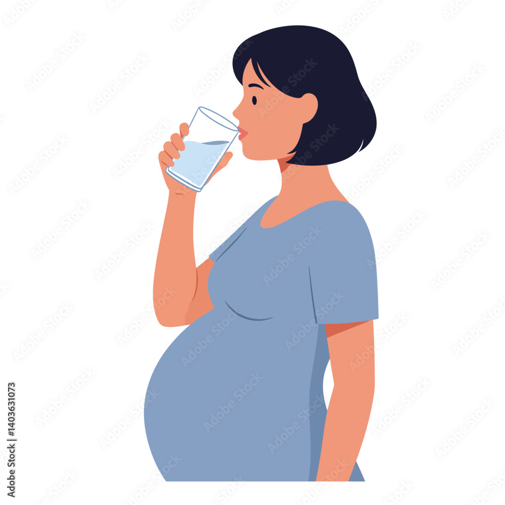 Pregnant woman drinking water in flat minimal style vector art Pregnant woman drinking water in flat minimal style vector art