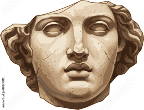 Fragmented classical sculpture of a young man's head isolated on transparent background, vector marble bust, ancient Greek art, antique statue, mythology, Renaissance 
