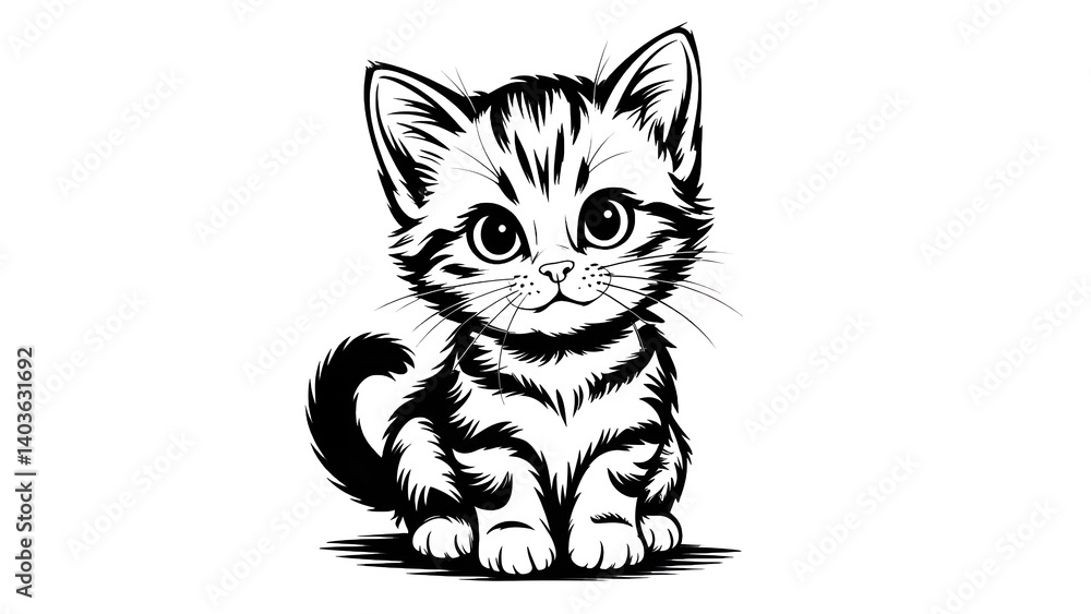 Obraz premium Cute Kitten Line Art Drawing – Adorable Black and White Cat Illustration for Tattoos, Stickers, and Prints