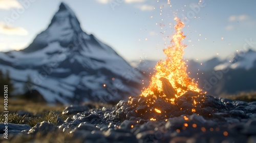 Scenic Mountain Landscape Featuring a Glowing Fire and Snowy Peak in the Background Under Clear Skies