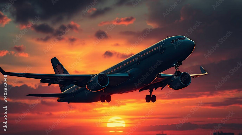 Modern Airplane Taking Off from Airport into Sunset Sky Generative AI Modern Airplane Taking Off from Airport into Sunset Sky Generative AI
