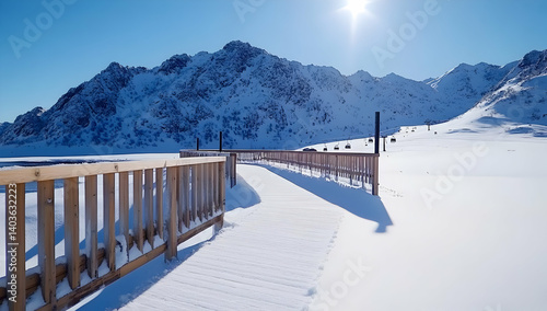 Wallpaper Mural Scenic Winter Mountain Landscape with Wooden Path under Clear Blue Sky and Bright Sunlight in Snowy Environment Torontodigital.ca