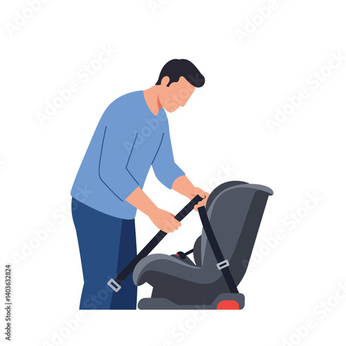 Man securing child car seat in vehicle using flat vector illustration style