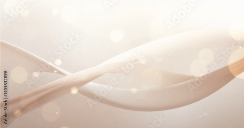 smooth, light-colored flowing waves or curves on a soft gradient background. Add small glowing light particles or bokeh effects scattered across the image. Use a light beige and white color palette 