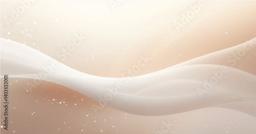 RGB smooth, light-colored flowing waves or curves on a soft gradient background. Add small glowing light particles or bokeh effects scattered across the Use a light beige and white color palettn