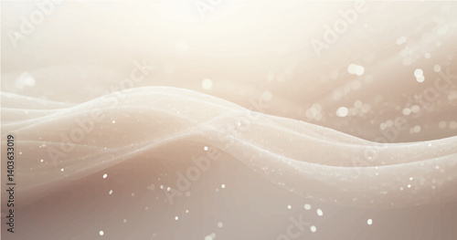 RGB smooth, light-colored flowing waves or curves on a soft gradient background. Add small glowing light particles or bokeh effects scattered across the Use a light beige and white color palettn