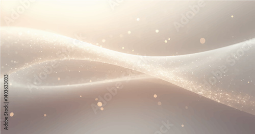 RGB smooth, light-colored flowing waves or curves on a soft gradient background. Add small glowing light particles or bokeh effects scattered across the image. Use a light beige and grey color palette