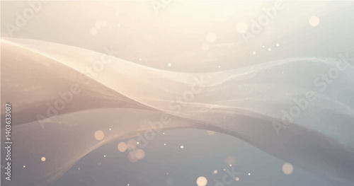 RGB smooth, light-colored flowing waves or curves on a soft gradient background. Add small glowing light particles or bokeh effects scattered across the image. Use a light beige and grey color palette