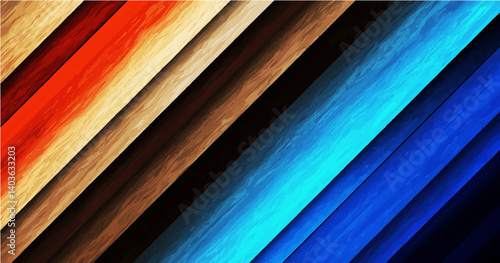 a vector illustration featuring diagonal stripes in various warm and cool colors, including shades of RGB red, blue, black, grey, brown, and teal. The try angel stripes be evenly spaced, parallel, and