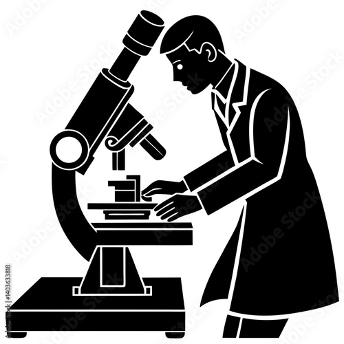 A silhouette of a researcher adjusting the focus of a microscope, with hands near the eyepiece 