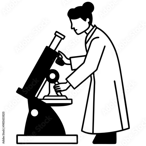 A silhouette of a researcher adjusting the focus of a microscope, with hands near the eyepiece 
