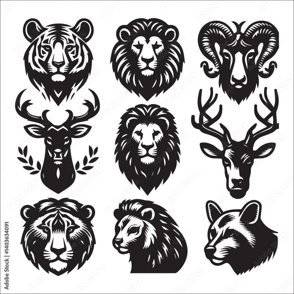 Bundle of Animal Heads Vector Illustration Silhouette Bundle of Animal Heads Vector Illustration Silhouette