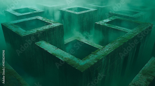Billede på lærred Intricate concrete structures submerged in a misty, murky environment