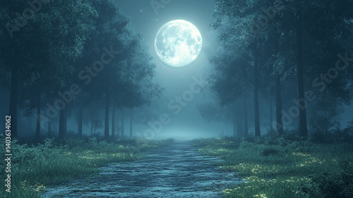 Obraz na plátně Misty forest path under a full moon.