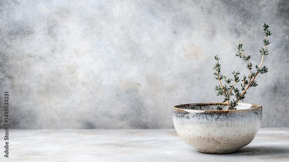 Simple ceramic bowl with thyme sprig. Muted tones, minimalist aesthetic Simple ceramic bowl with thyme sprig. Muted tones, minimalist aesthetic