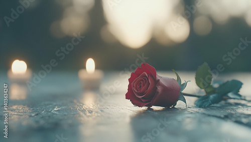 Single Red Rose with Two Candle Lights in Moody Soft Lighting on Wooden Table for a Valentines Day Celebration