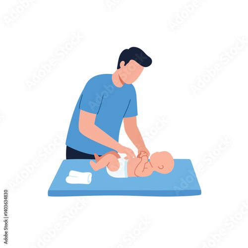 Adult changing a babys diaper on a changing table in flat vector art