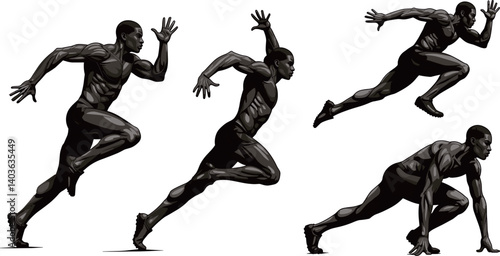 Set of black solid athletes in action, sprinting, jumping