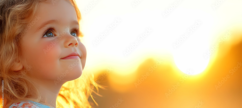 Fototapeta premium Smiling Girl with Blond Curly Hair Looking Upwards at Golden Hour Light Outdoors