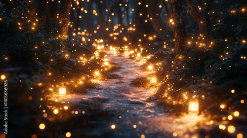 Enchanting winter forest path illuminated by glowing lanterns.