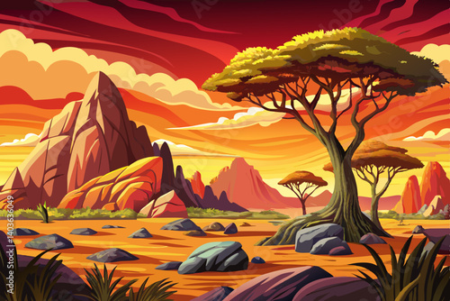 Safari and travel to Africa cartoon, extreme adventures or science expedition in a stone desert vector. Sahara desert at sunrise, mountain landscape, savanna landscape