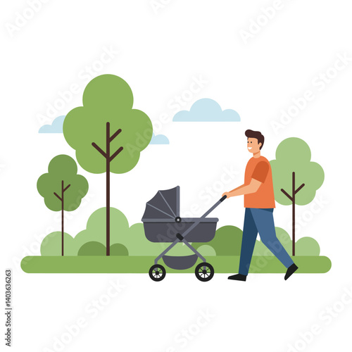 Father joyfully pushing stroller through a park in flat vector art