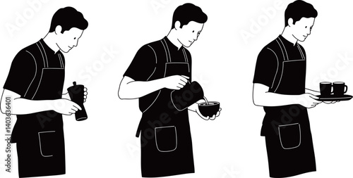 Set of black solid baristas making coffee and serving