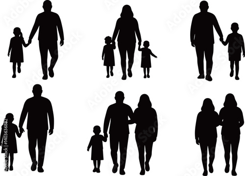 Set of black solid families with children walking together