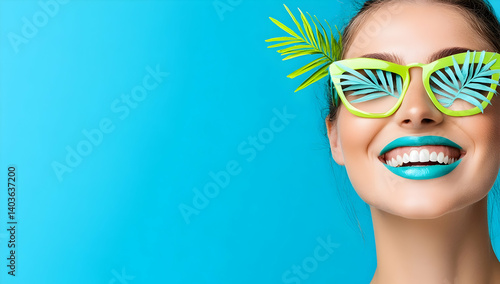 Smiling Young Woman Portrait with Turquoise Lipstick and Sunglasses Against Blue Background