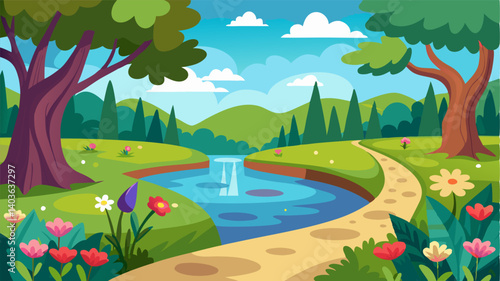 The path leads to an idyllic clearing where a small pond rests surrounded by colorful wildflowers and ancient trees.