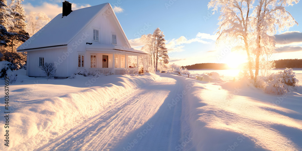 Obraz premium Snow Covered White Wooden House Surrounded By Trees on a Winter Landscape with a Path Leading to The House Under a Sunny Blue Sky